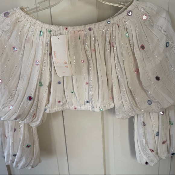 Rococo Sand Embellished Plissé Cropped Top Off White Size XS - Picture 10 of 13